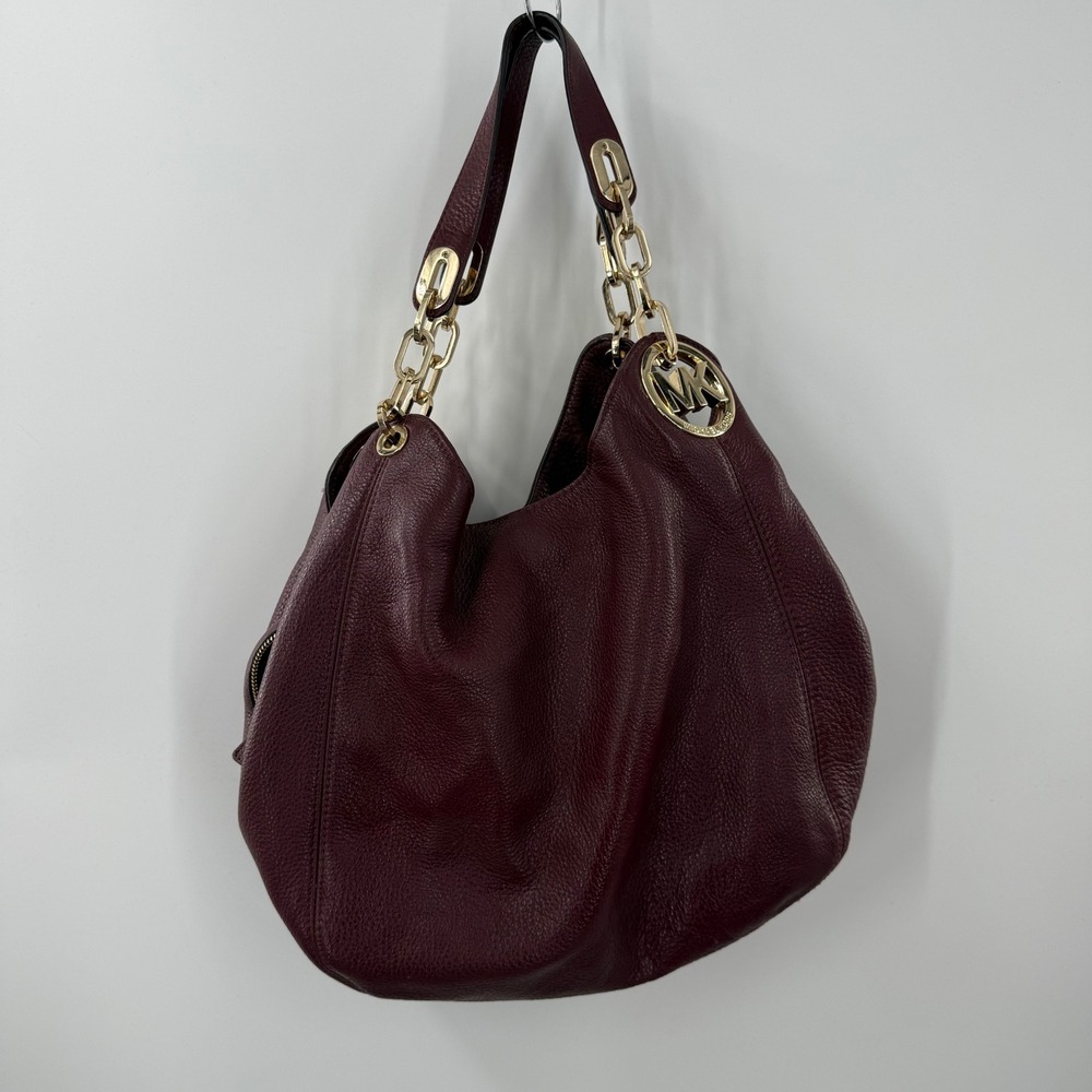 Michael Kors Fulton Large Burgundy Pebbled Leather Hobo Bag Gold Chain Shoulder